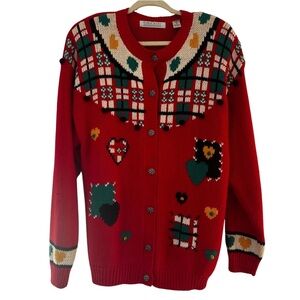 Vintage Karen Scott Red Heart Patch Cardigan Sweater L – Shoulder Pads, Y2K 90s